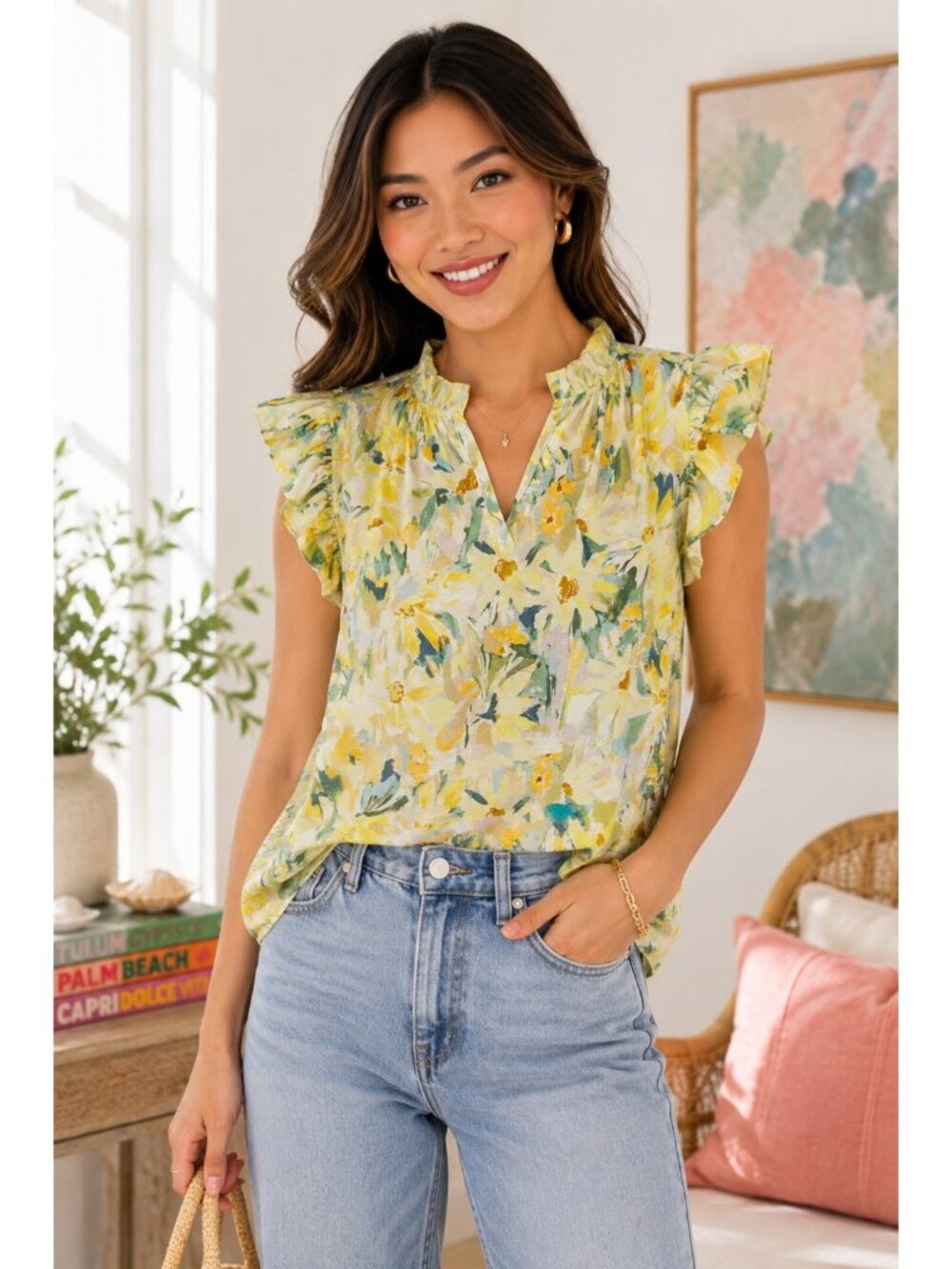 Les Amis Floral Ruffle Sleeve Blouse Medium Yellow Green Abstract Garden Top USA
